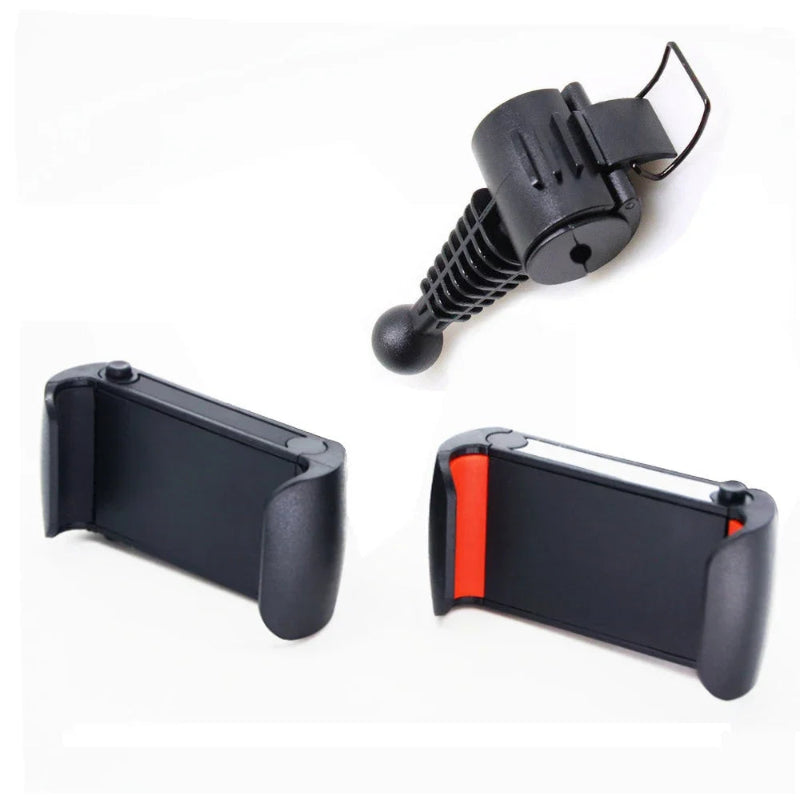 Set of gaming accessories including a phone holder, joystick, and controller on a white background