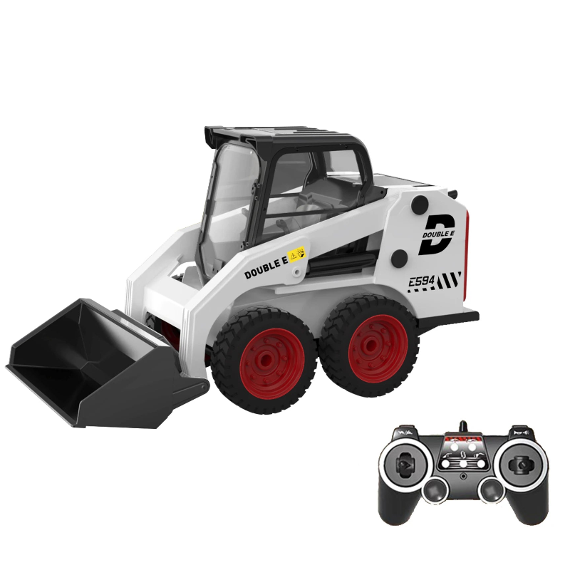 A white and black remote-controlled toy skid steer loader with red wheels, shown alongside its matching black and gray remote control on a plain white background.