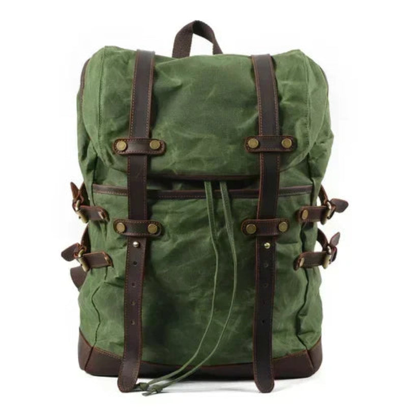 Green backpack with brown straps on a white background
