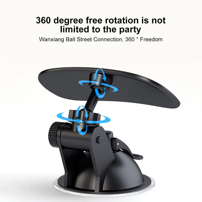 Black car mount with 360-degree rotation feature on a white background