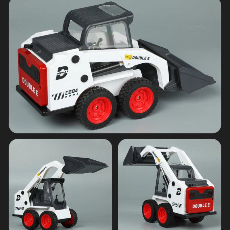 A toy double E skid steer loader shown from multiple angles on a gray background, with a large front view in the top panel and two smaller side views below. The toy is primarily white with black and red sections, black tires, and red wheel rims.