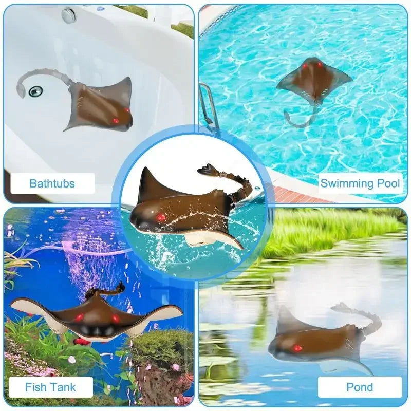 Collage of a stingray toy in various water settings including bathtubs, swimming pools, fish tanks, and ponds.