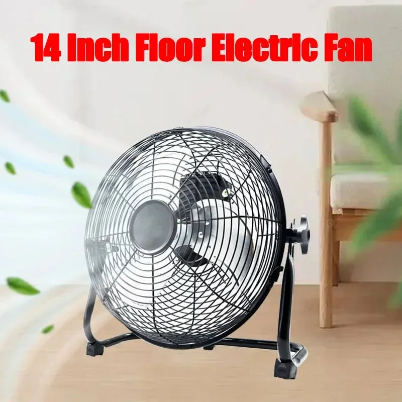 14 Inch Floor Electric Fan with text on a blurred indoor background