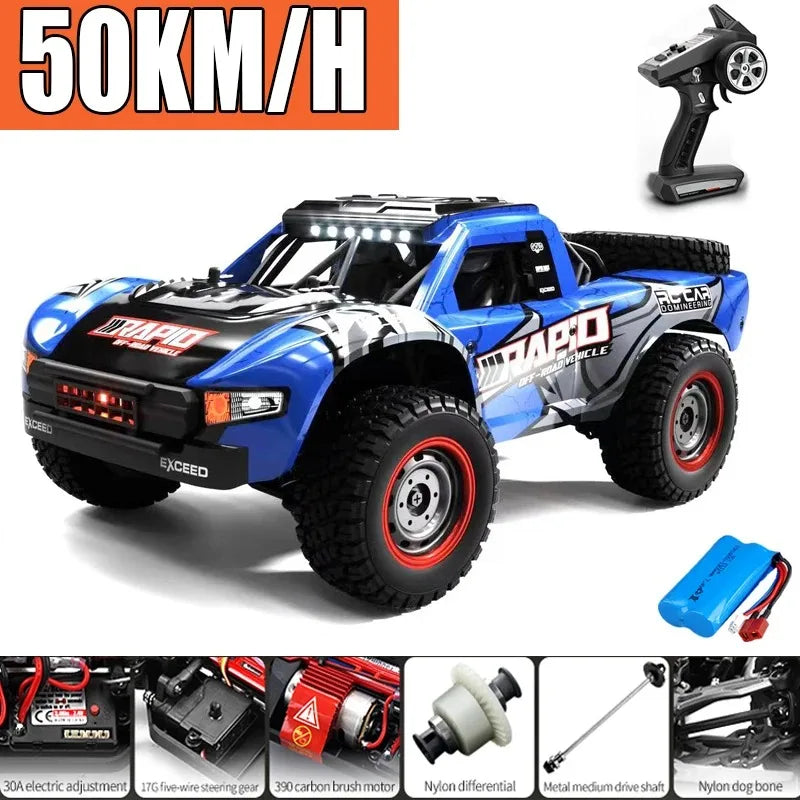 A composite image showing three remote control trucks in motion. One truck is blue with the word 'RAPID' on its side, another is red with 'RAPID' and LED lights, and a third is in the air showing the truck's suspension system.