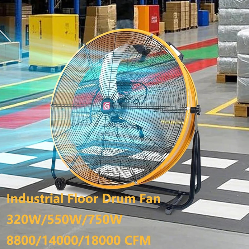 Industrial floor drum fan with specifications in a warehouse setting