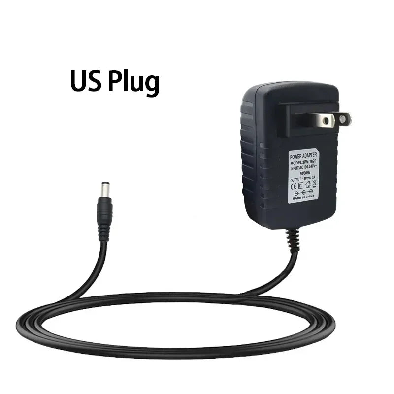 Black power adapter with US plug on a white background