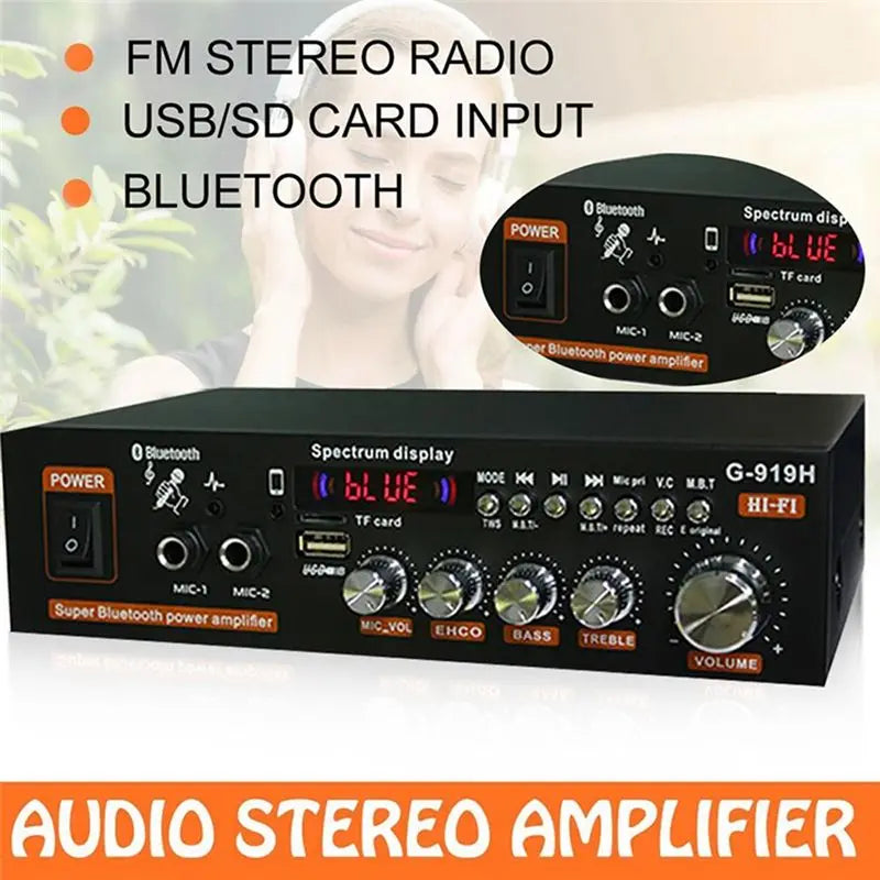 Audio stereo amplifier with FM radio, USB/SD card input, and Bluetooth functionality on a white background.