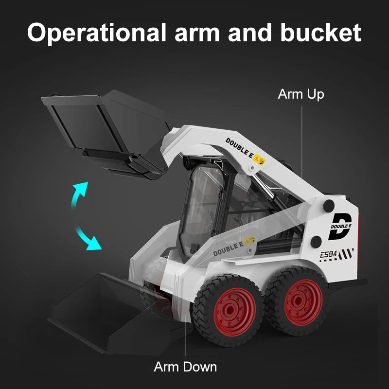 Model of a skid steer loader with labeled arm up and arm down positions on a dark background.