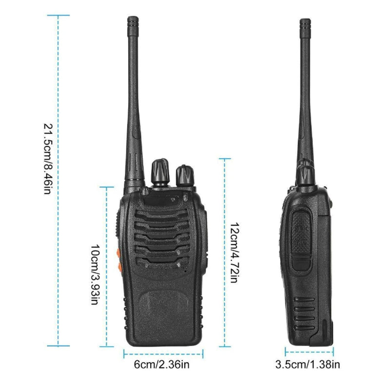 Two black walkie-talkies with measurements on a white background
