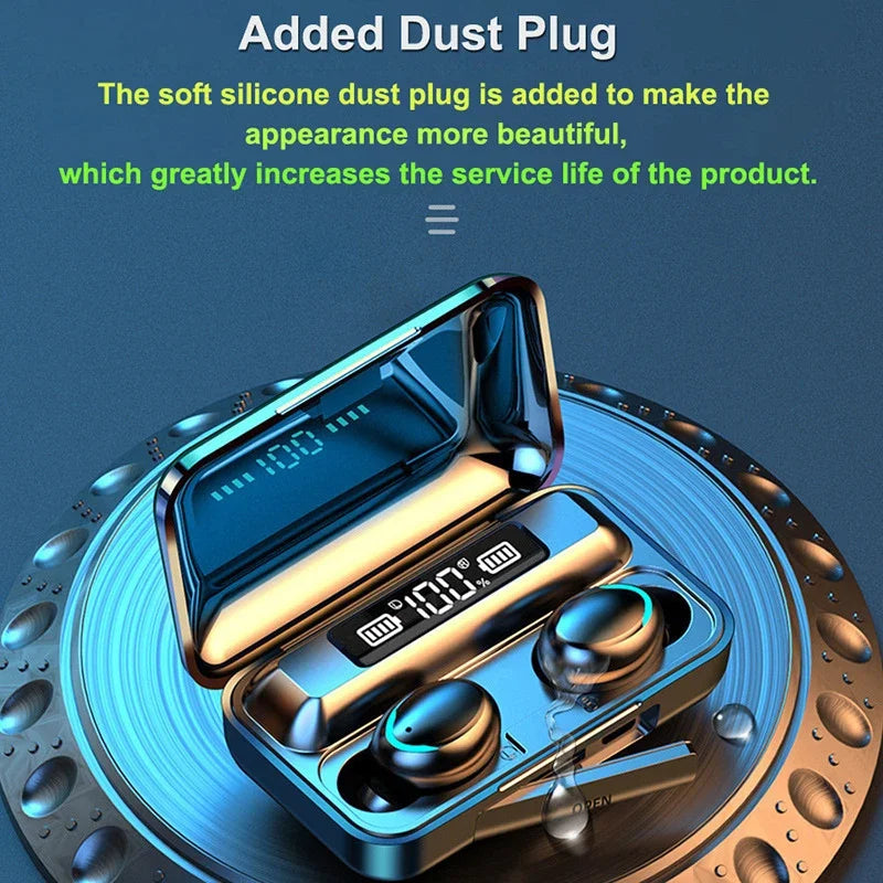 Gold and blue wireless earbuds in a charging case on a dark blue background with text about a dust plug.
