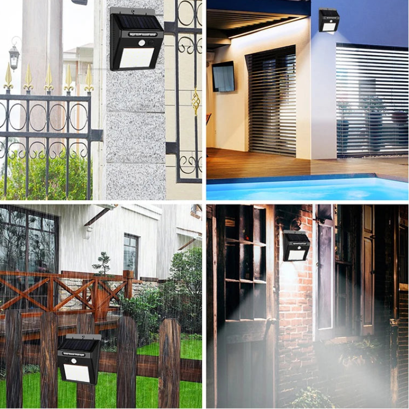 Solar-powered outdoor light fixture with various installation examples on a collage.