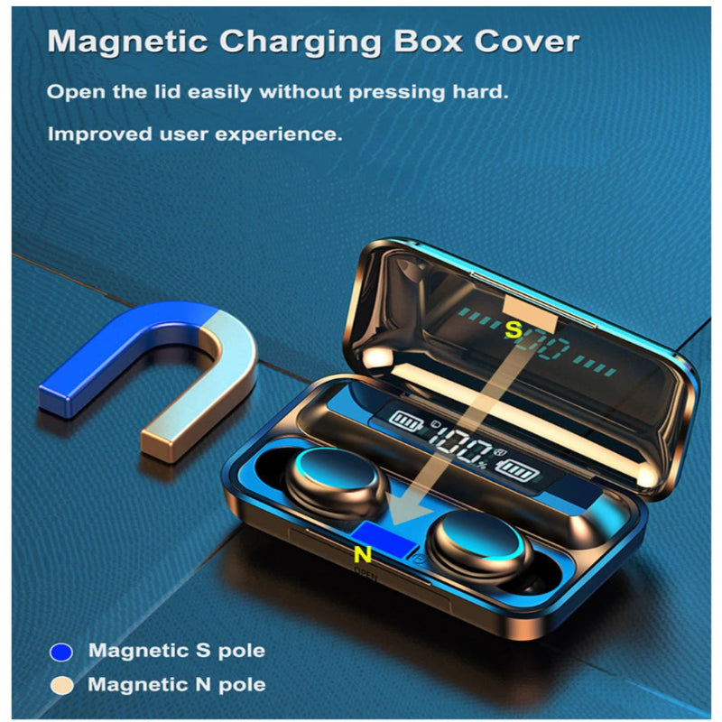 Magnetic charging box cover with wireless earbuds on a blue background