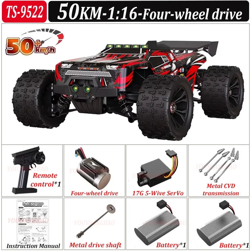 Red and black remote control four-wheel drive vehicle with specifications and components displayed.