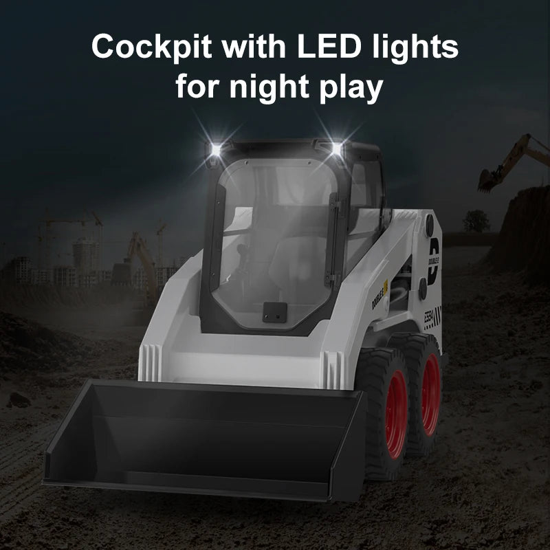 Skid steer loader with LED lights on a dark background