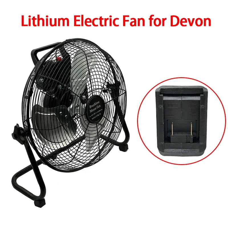 Black lithium electric fan for Devon with battery pack on a white background