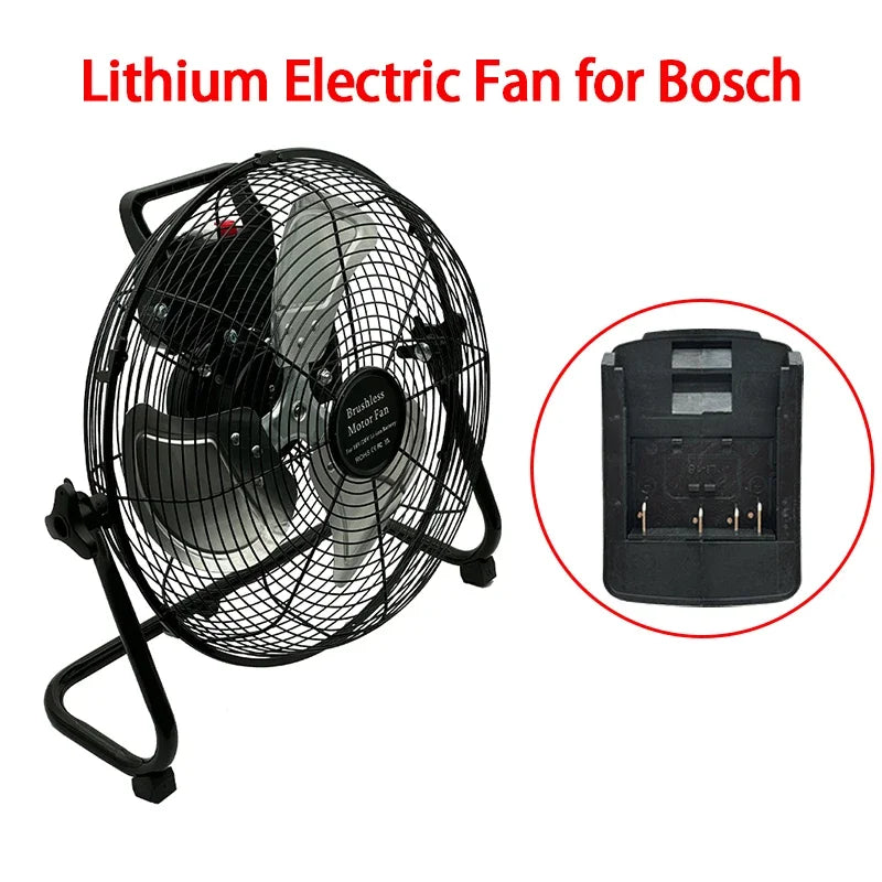 Lithium electric fan for Bosch with a battery pack inset on a white background