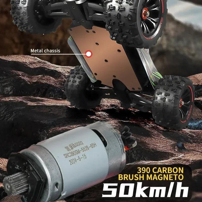 Toy car with high-speed carbon brush and strong magnet motor on a rocky surface