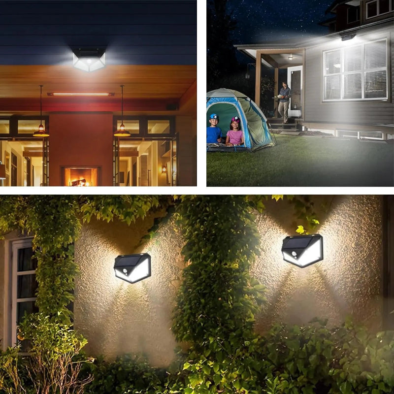 Solar-powered outdoor lights in various settings including a house, garden, and camping area.