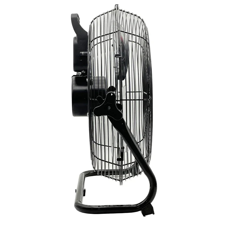 Black oscillating fan on a white background