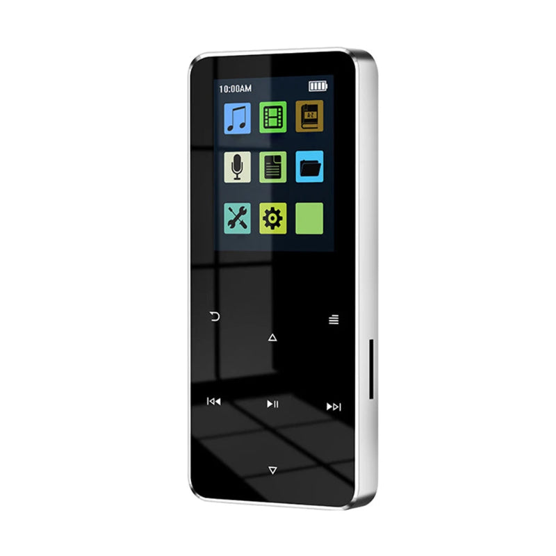 Digital audio player with a screen displaying icons on a white background