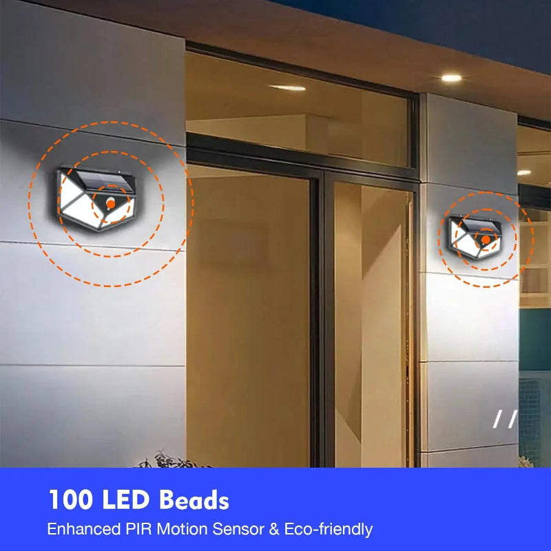 Two outdoor LED lights on a building facade with text about LED beads and sensor.