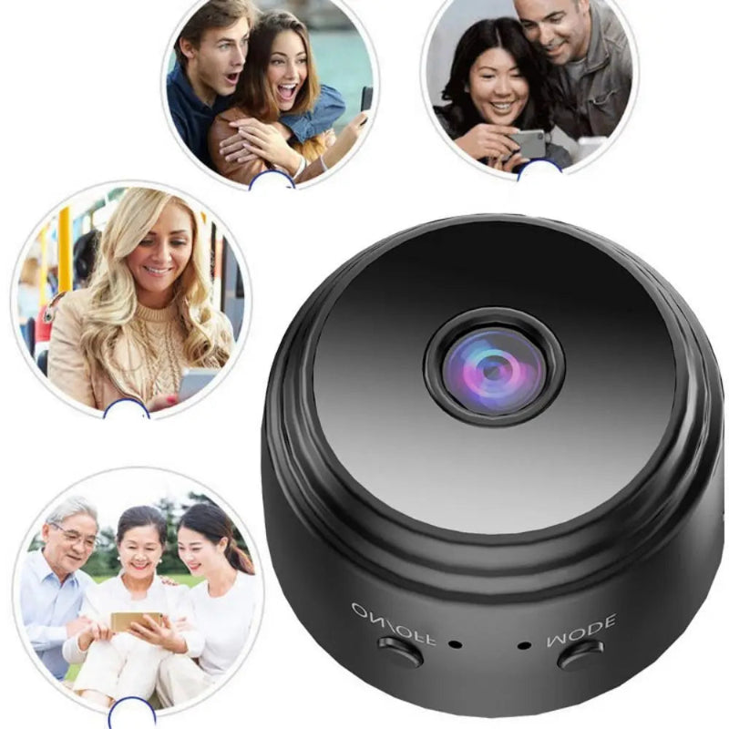 Black camera device with circular design, surrounded by smaller images of people using the device.
