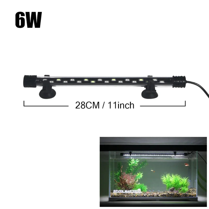 Aquarium light with dimensions and power rating displayed, shown with an aquarium setup.