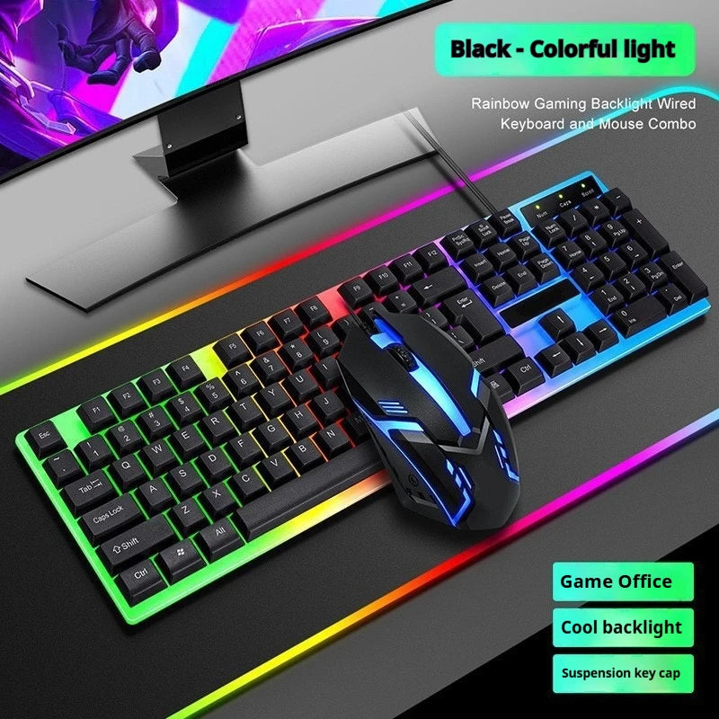 Gaming keyboard and mouse set with colorful backlight on a desk