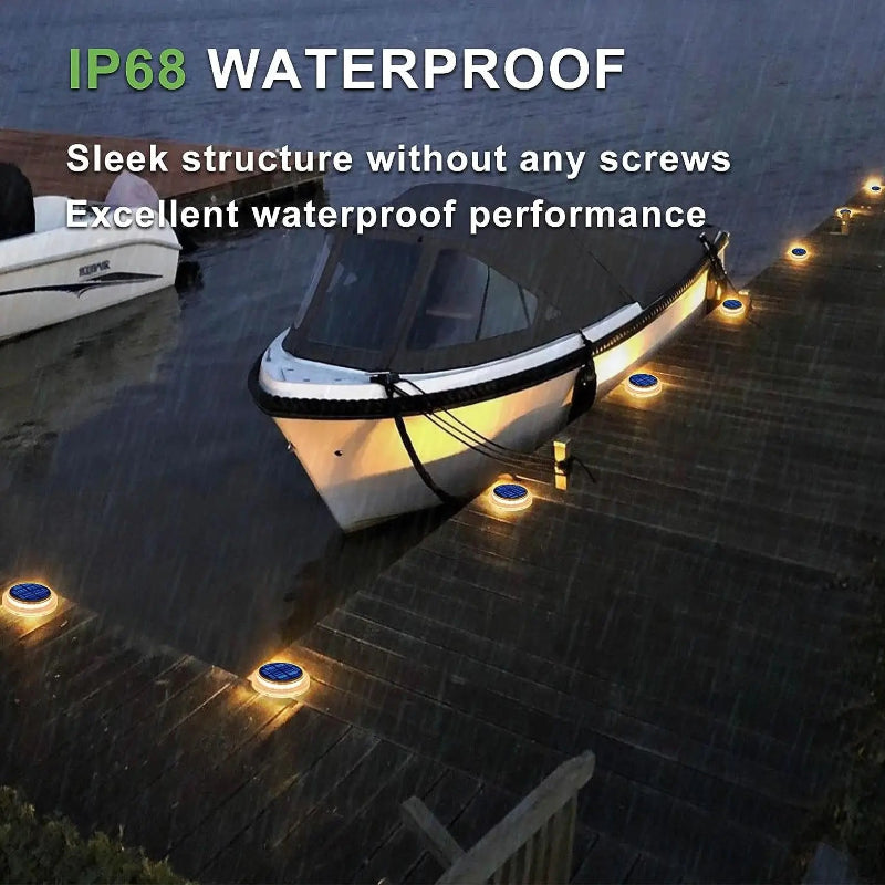 Boat docked at a pier with waterproof lights around it, emphasizing waterproof performance.