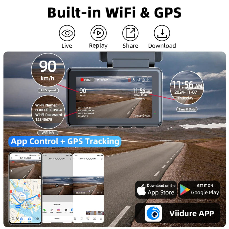 Dashboard camera with built-in WiFi and GPS features, showing road and app interface.