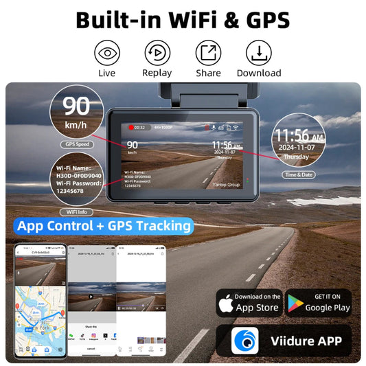Dashboard camera with built-in WiFi and GPS features, showing road and app interface.