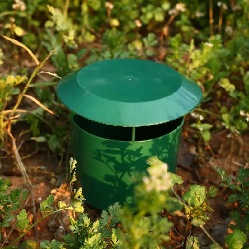 Green trash can in a natural setting with plants and ground.