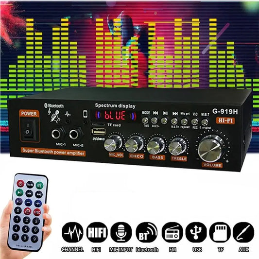 1000W Bluetooth amplifier with remote control and colorful equalizer background
