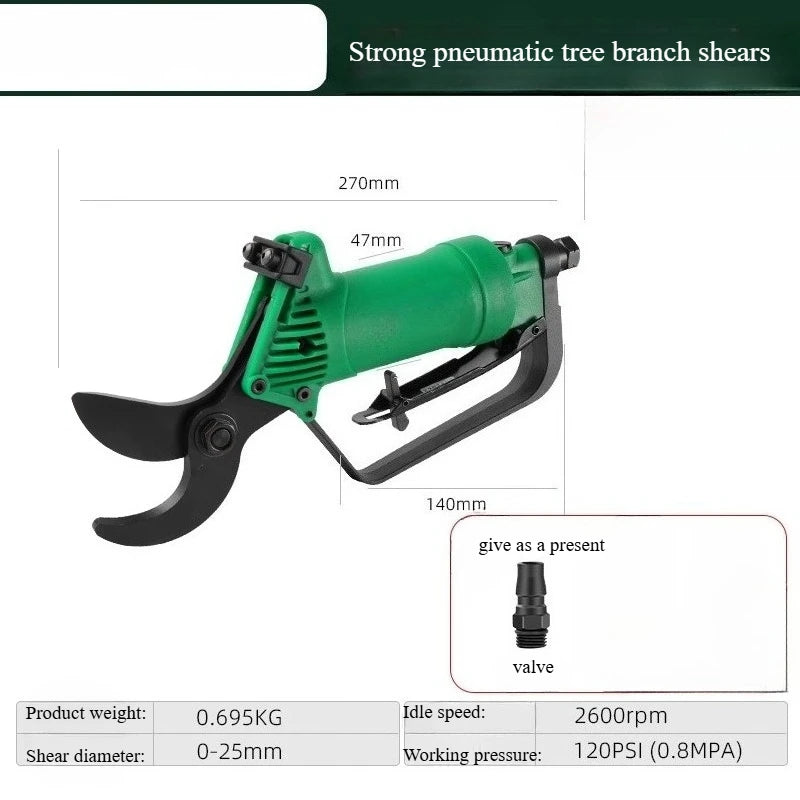 Green pneumatic tree branch shear with specifications on a white background