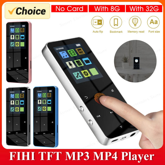 FIHI TFT MP3 MP4 player with a hand interacting with it, displayed on a white background.