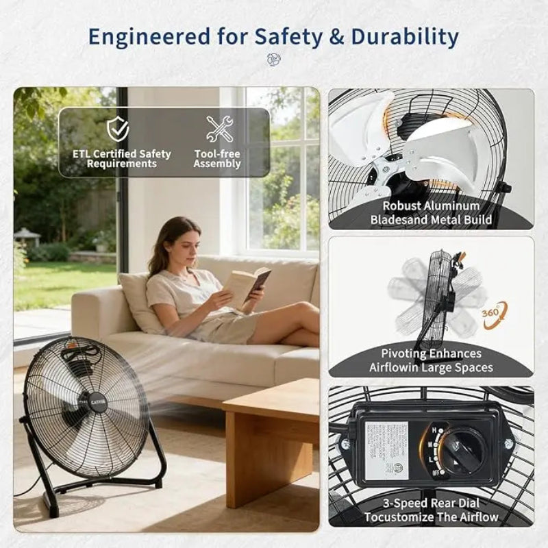 Floor fan with safety and durability features displayed on a white background