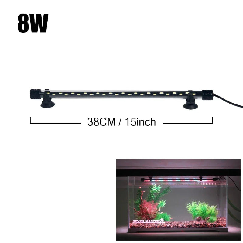 Aquarium light with dimensions and power rating on a white background