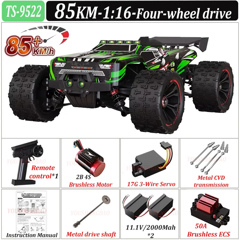 Green and black remote control car with specifications and components displayed below on a white background.
