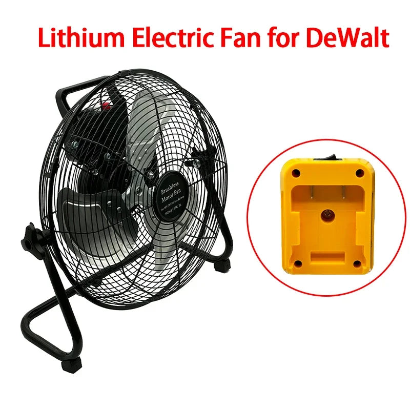 Lithium electric fan for DeWalt with a close-up of the battery pack on a white background.