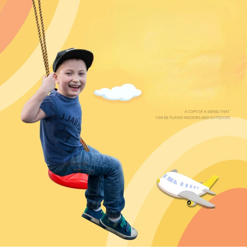 Child on a swing with a colorful background and airplane illustration