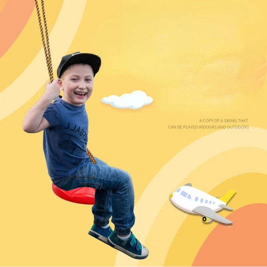 Child on a swing with a colorful background and airplane illustration