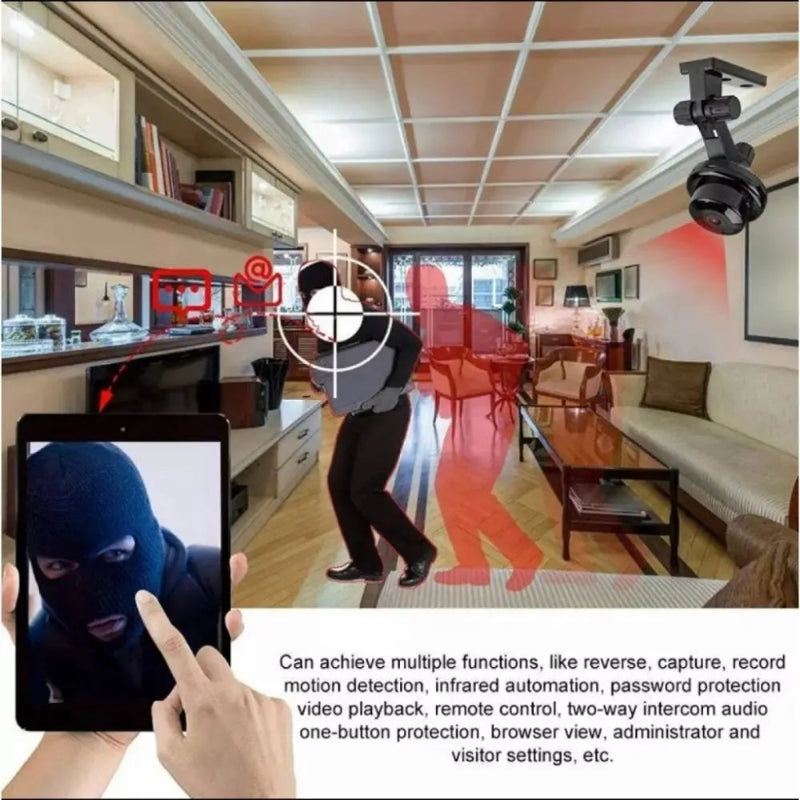 Living room with security camera and tablet showing a person in a balaclava, text about security system functions.