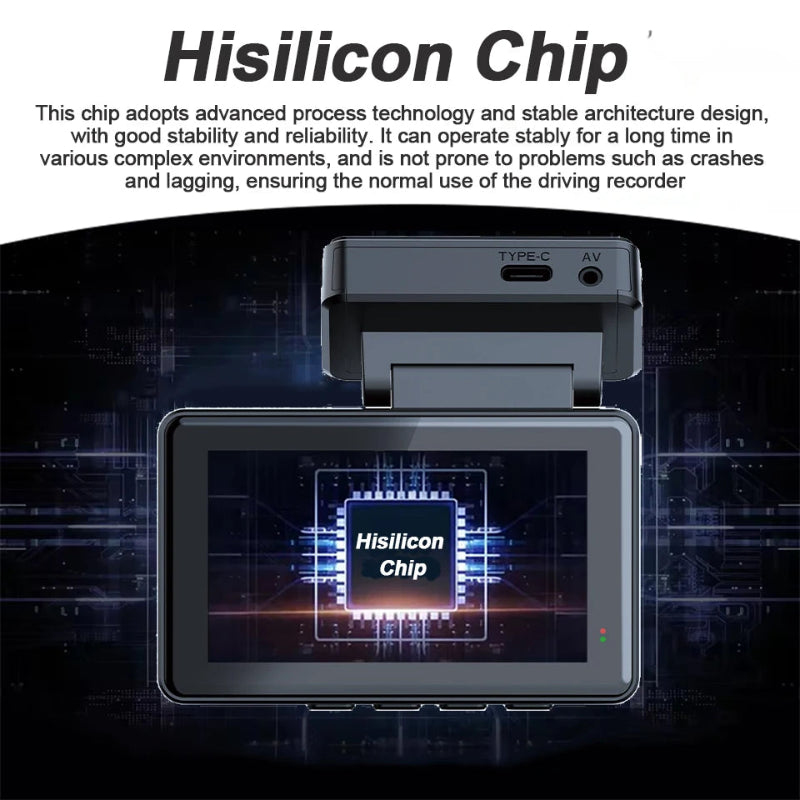 Car dashboard camera with Hisilicon chip display on a dark background