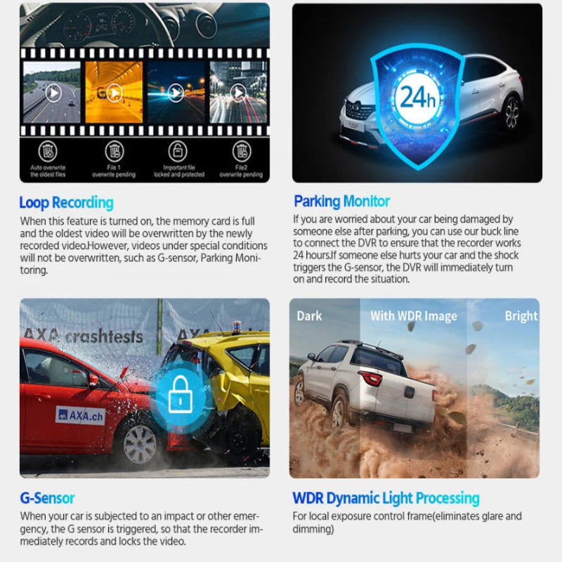 Car security system features including loop recording, parking monitor, G-Sensor, and WDR Dynamic Light Processing.