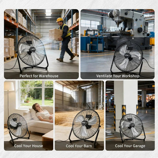 Collage of fans in various settings with text indicating their use cases.