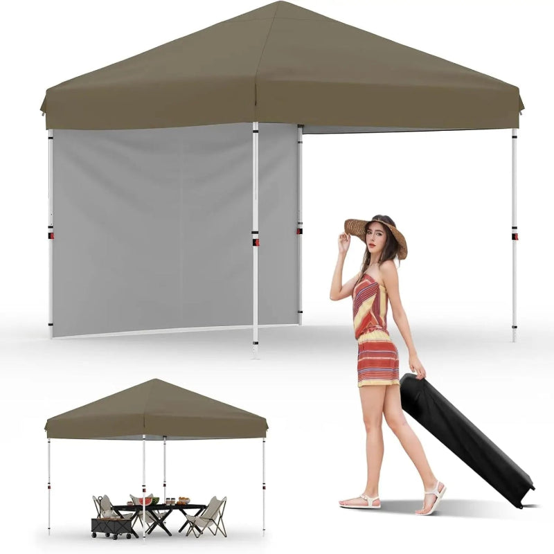 Brown pop-up canopy tent with side panel, woman with suitcase, and outdoor furniture set on a white background