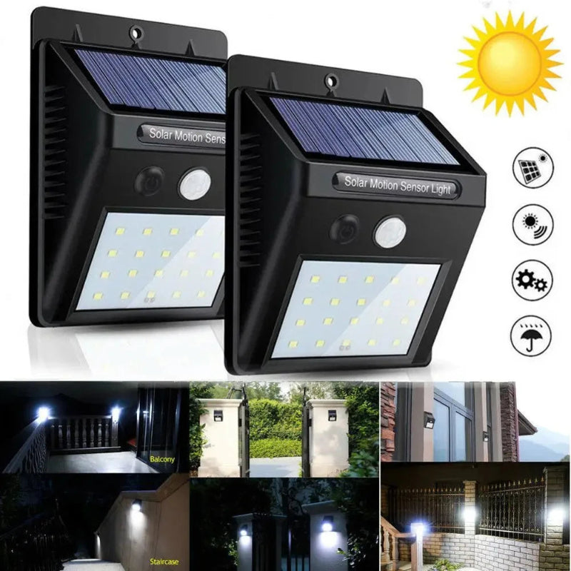 Two solar-powered motion sensor lights with a sun icon and usage scenarios.