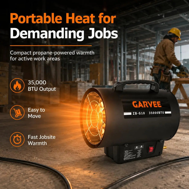 A black GARVEE portable propane heat unit with a glowing orange flame guard, shown in a construction site setting with a worker in the background. Promotional text highlights 35,000 BTU output, portability, and fast job-site warmth.