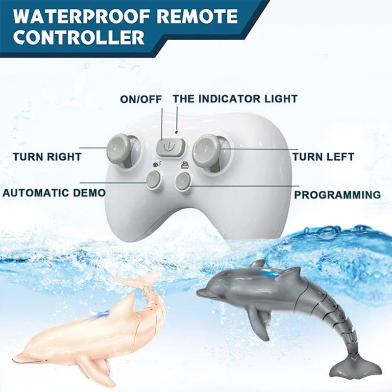 Waterproof remote controller with dolphin toy and labeled features on a water-themed background