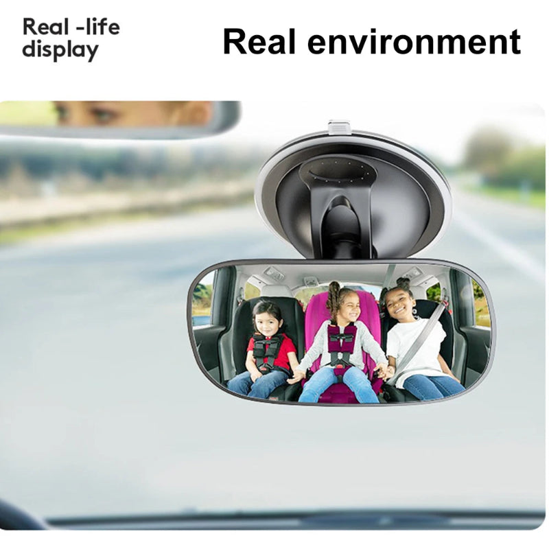 Car rearview mirror with children in the backseat, labeled 'Real-life display' and 'Real environment'.